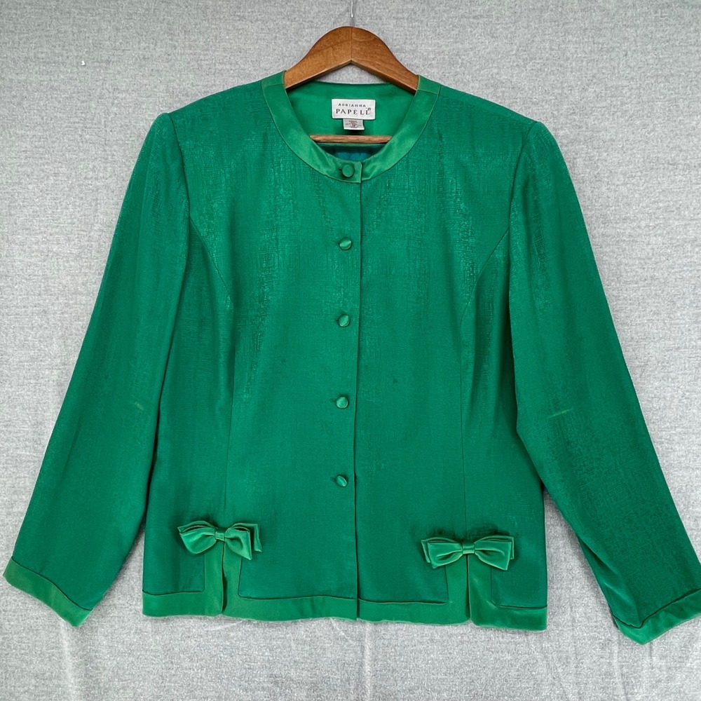 Adrianna Papell VTG Emerald Green 100% Silk Skirt Suit Set Sz 16 Bows Co-Ord 90s - Picture 4 of 14